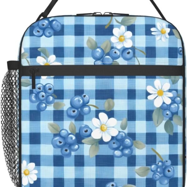 Cute blueberry-check insulated lunch bag for women